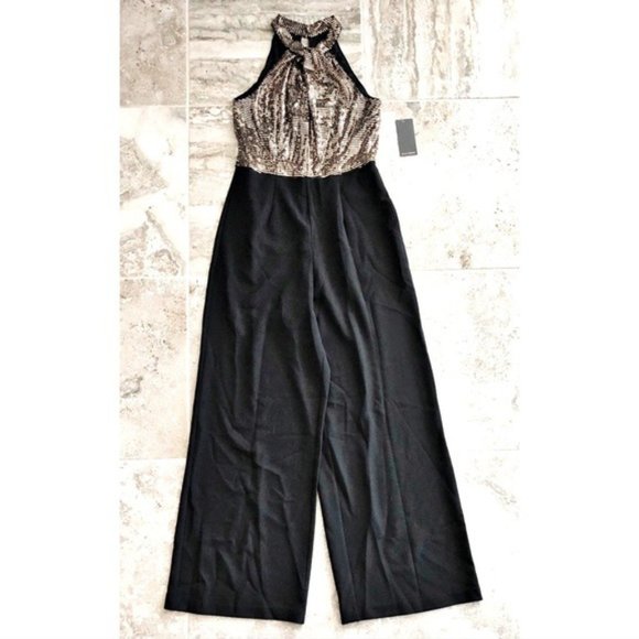 Julia Jordan Twist Halter Neck Jumpsuit Gold Metallic Wide Leg Size 8 NWT - Picture 5 of 17